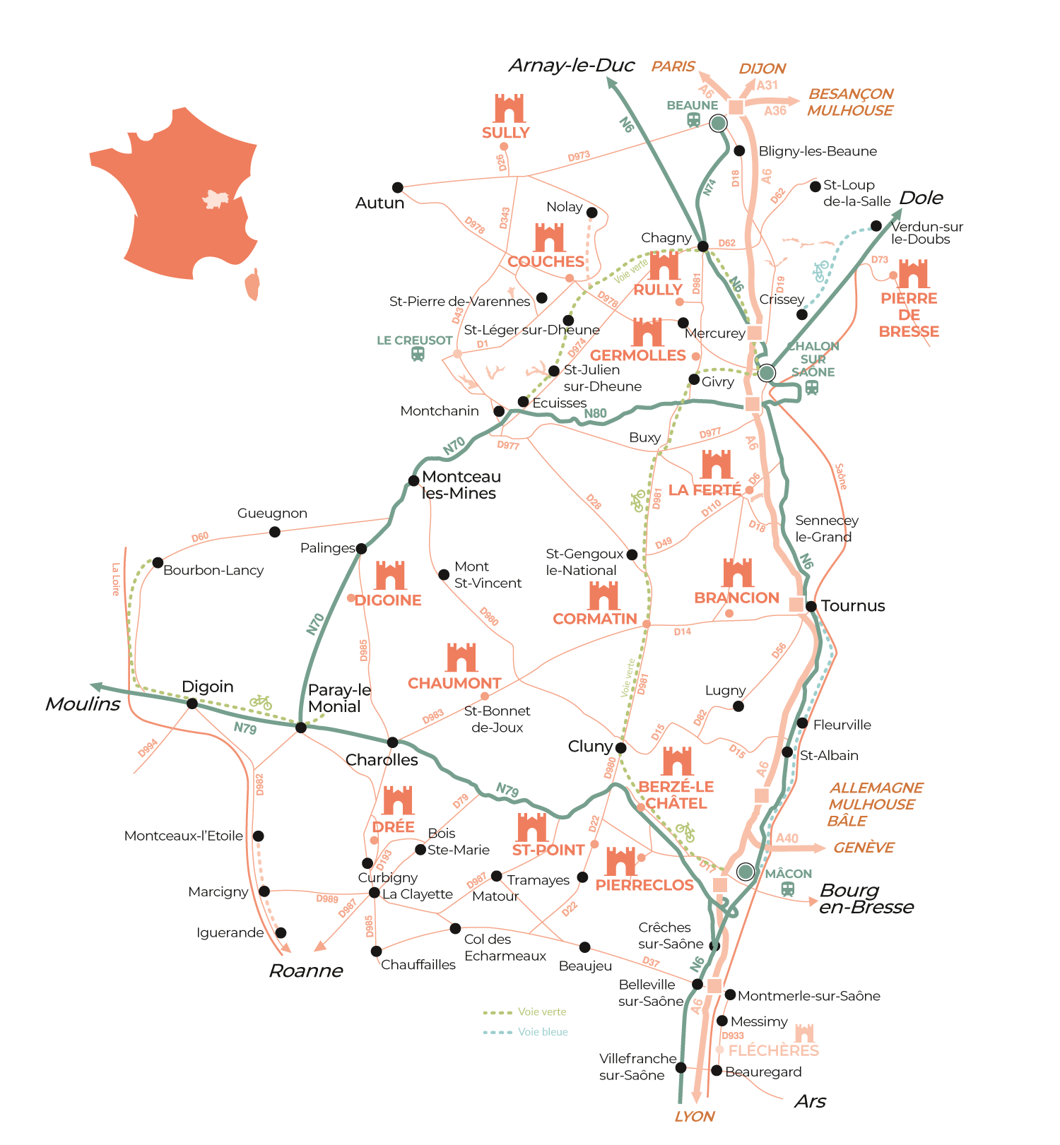 Carte de la route des chateaux en Bourgogne du Sud